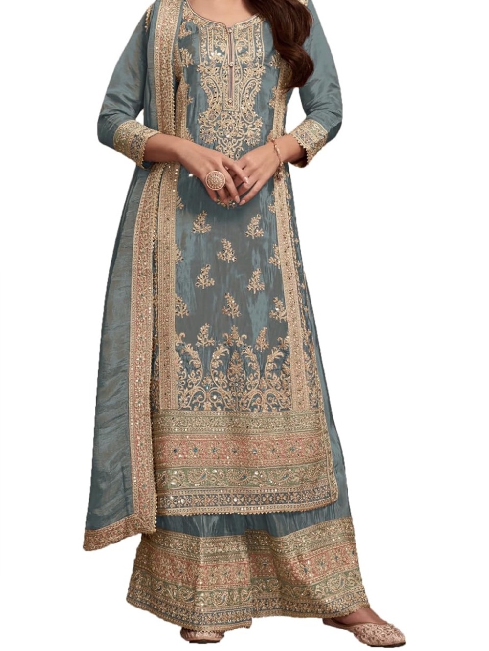 Mirraw Teal Silk Blend Palazzo Suit w/ Intricate Gold & Pink Embroidery L (40)
